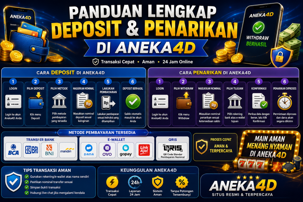 Panduan lengkap deposit dan penarikan di Aneka4D dengan metode transfer bank, e-wallet, dan QRIS untuk transaksi online yang cepat, aman, dan terpercaya.